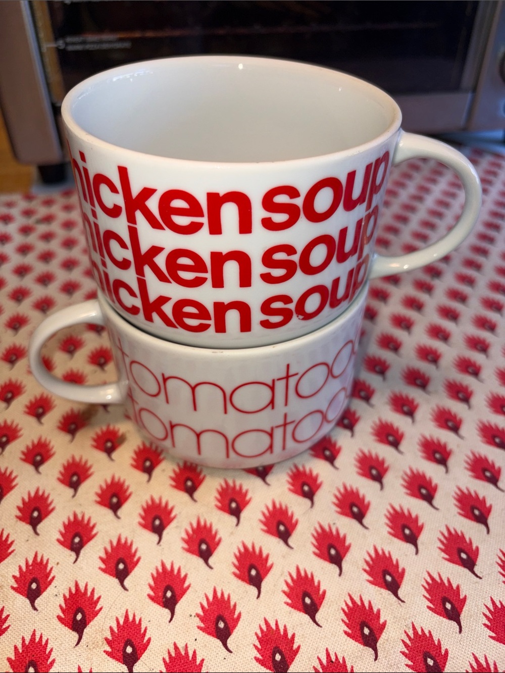 Vintage Pop Art 70’s White Ceramic Soup Mugs with Red Text - Set of 2   MCM